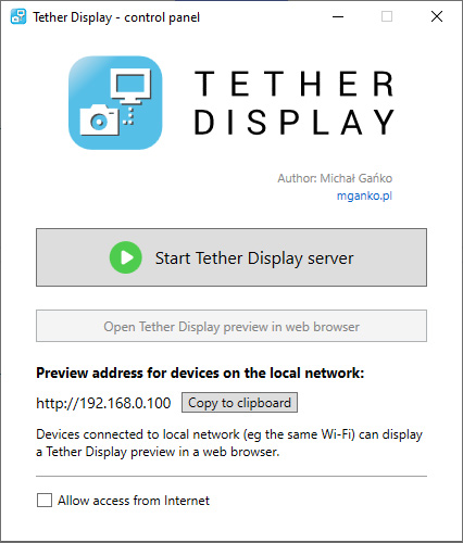 Tether Display control panel